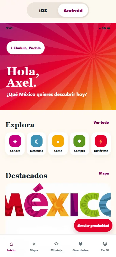Pantalla principal de Conociendo México con buscador y categorías turísticas